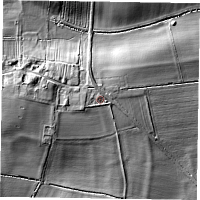 Shaded relief map of the ground around DN220JY, computed from Environment Agency LiDAR. The ground here sits at about 21 m above sea level and falls 14 m across the surrounding 800 m. Surface water reaching this point runs off ground lying to the west, 1.7 m higher.