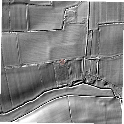 Shaded relief map of the ground around DN220LP, computed from Environment Agency LiDAR. The ground here sits at about 16 m above sea level and falls 10 m across the surrounding 800 m. Surface water reaching this point runs off ground lying to the west, 1.5 m higher.