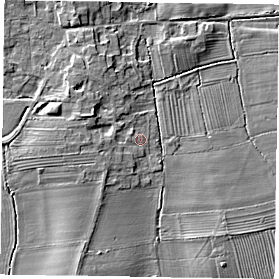 Shaded relief map of the ground around DN220LS, computed from Environment Agency LiDAR. The ground here sits at about 7 m above sea level and falls 6 m across the surrounding 800 m. Surface water reaching this point runs off ground lying to the west-south-west, 2.8 m higher.