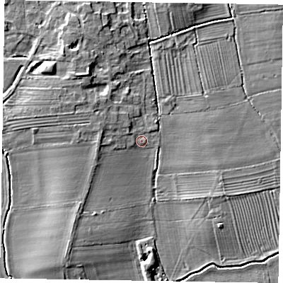 Shaded relief map of the ground around DN220LT, computed from Environment Agency LiDAR. The ground here sits at about 7 m above sea level and falls 6 m across the surrounding 800 m. Surface water reaching this point runs off ground lying to the west, 2.9 m higher.