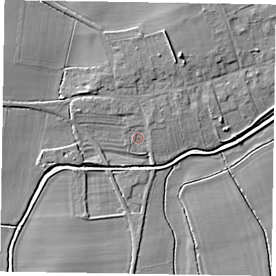 Shaded relief map of the ground around DN220NB, computed from Environment Agency LiDAR. The ground here sits at about 7 m above sea level and falls 9 m across the surrounding 800 m. Surface water reaching this point runs off ground lying to the north-north-east, 4.5 m higher.