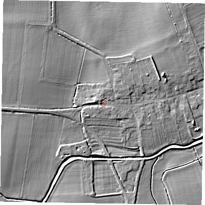 Shaded relief map of the ground around DN220ND, computed from Environment Agency LiDAR. The ground here sits at about 8 m above sea level and falls 9 m across the surrounding 800 m. Surface water reaching this point runs off ground lying to the north-east, 1.6 m higher.