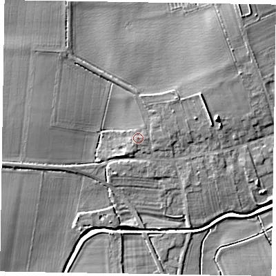Shaded relief map of the ground around DN220NE, computed from Environment Agency LiDAR. The ground here sits at about 9 m above sea level and falls 9 m across the surrounding 800 m. Surface water reaching this point runs off ground lying to the south-south-west, 0.6 m higher.