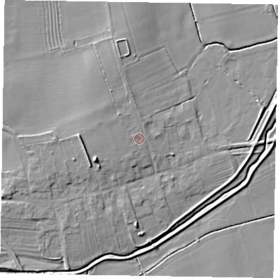 Shaded relief map of the ground around DN220NF, computed from Environment Agency LiDAR. The ground here sits at about 8 m above sea level and falls 10 m across the surrounding 800 m. Surface water reaching this point runs off ground lying to the west, 1.7 m higher.
