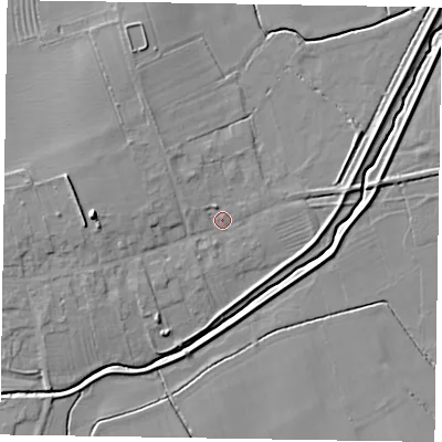 Shaded relief map of the ground around DN220NG, computed from Environment Agency LiDAR. The ground here sits at about 6 m above sea level and falls 10 m across the surrounding 800 m. Surface water reaching this point runs off ground lying to the west, 7.1 m higher.