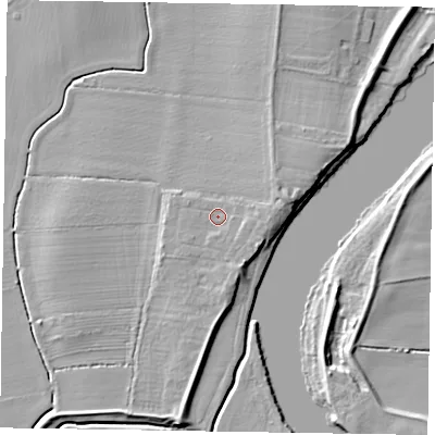 Shaded relief map of the ground around DN220NJ, computed from Environment Agency LiDAR. The ground here sits at about 7 m above sea level and falls 6 m across the surrounding 800 m. Surface water reaching this point runs off ground lying to the south-east, 1.8 m higher.