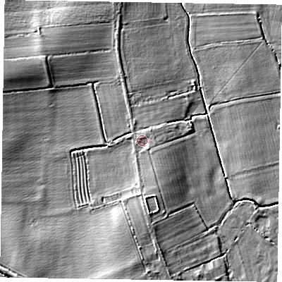 Shaded relief map of the ground around DN220NL, computed from Environment Agency LiDAR. The ground here sits at about 7 m above sea level and falls 6 m across the surrounding 800 m. Surface water reaching this point runs off ground lying to the south, 2.2 m higher.