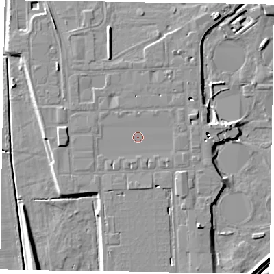 Shaded relief map of the ground around DN220NP, computed from Environment Agency LiDAR. The ground here sits at about 8 m above sea level and falls 9 m across the surrounding 800 m. Surface water reaching this point runs off ground lying to the south, 1.2 m higher.