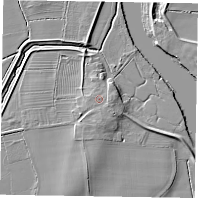 Shaded relief map of the ground around DN220NQ, computed from Environment Agency LiDAR. The ground here sits at about 9 m above sea level and falls 8 m across the surrounding 800 m. Surface water reaching this point runs off ground lying to the north-east, 0.5 m higher.