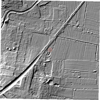 Shaded relief map of the ground around DN220PH, computed from Environment Agency LiDAR. The ground here sits at about 15 m above sea level and falls 11 m across the surrounding 800 m. Surface water reaching this point runs off ground lying to the south-south-west, 10.7 m higher.