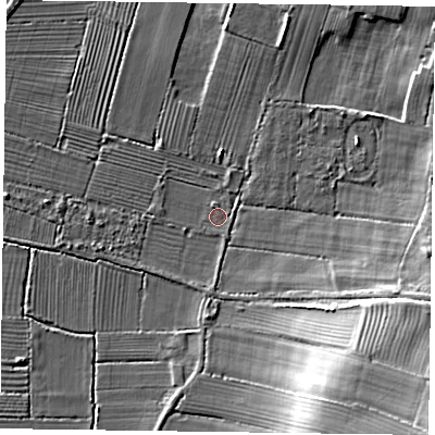 Shaded relief map of the ground around DN220PJ, computed from Environment Agency LiDAR. The ground here sits at about 16 m above sea level and falls 20 m across the surrounding 800 m. Surface water reaching this point runs off ground lying to the east-north-east, 0.6 m higher.