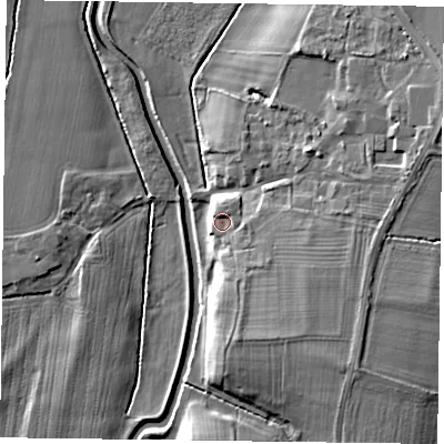 Shaded relief map of the ground around DN220PS, computed from Environment Agency LiDAR. The ground here sits at about 20 m above sea level and falls 11 m across the surrounding 800 m. Surface water reaching this point runs off ground lying to the east, 3.7 m higher.