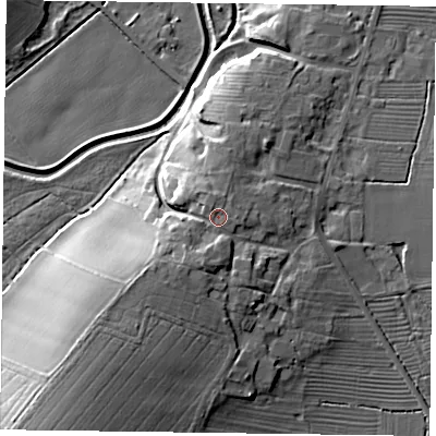Shaded relief map of the ground around DN220QD, computed from Environment Agency LiDAR. The ground here sits at about 28 m above sea level and falls 18 m across the surrounding 800 m. Surface water reaching this point runs off ground lying to the south-south-west, 3.6 m higher.