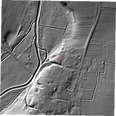 Shaded relief map of the ground around DN220QG, computed from Environment Agency LiDAR. The ground here sits at about 24 m above sea level and falls 16 m across the surrounding 800 m. Surface water reaching this point runs off ground lying to the south-east, 3.7 m higher.