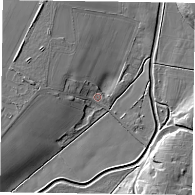 Shaded relief map of the ground around DN220QH, computed from Environment Agency LiDAR. The ground here sits at about 18 m above sea level and falls 14 m across the surrounding 800 m. Surface water reaching this point runs off ground lying to the north-west, 5.2 m higher.