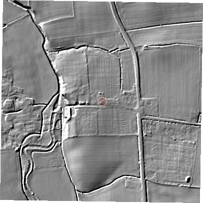 Shaded relief map of the ground around DN220QP, computed from Environment Agency LiDAR. The ground here sits at about 22 m above sea level and falls 9 m across the surrounding 800 m. Surface water reaching this point runs off ground lying to the south-west, 1.5 m higher.
