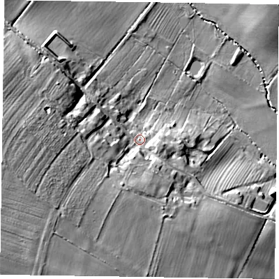 Shaded relief map of the ground around DN220RA, computed from Environment Agency LiDAR. The ground here sits at about 35 m above sea level and falls 25 m across the surrounding 800 m. Surface water reaching this point runs off ground lying to the south-west, 17.1 m higher.