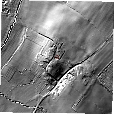 Shaded relief map of the ground around DN220RE, computed from Environment Agency LiDAR. The ground here sits at about 43 m above sea level and falls 34 m across the surrounding 800 m. Surface water reaching this point runs off ground lying to the north, 3.9 m higher.