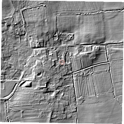 Shaded relief map of the ground around DN220TD, computed from Environment Agency LiDAR. The ground here sits at about 7 m above sea level and falls 8 m across the surrounding 800 m. Surface water reaching this point runs off ground lying to the west, 2.5 m higher.