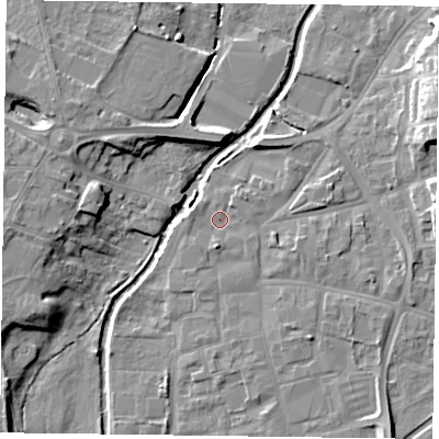 Shaded relief map of the ground around DN226AA, computed from Environment Agency LiDAR. The ground here sits at about 14 m above sea level and falls 11 m across the surrounding 800 m. Surface water reaching this point runs off ground lying to the south, 2.0 m higher.
