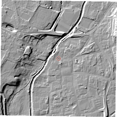 Shaded relief map of the ground around DN226AE, computed from Environment Agency LiDAR. The ground here sits at about 14 m above sea level and falls 9 m across the surrounding 800 m. Surface water reaching this point runs off ground lying to the south-south-east, 2.0 m higher.