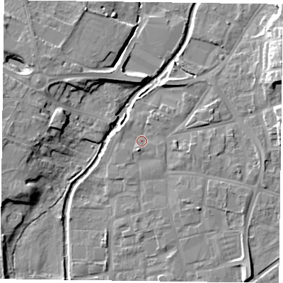 Shaded relief map of the ground around DN226AF, computed from Environment Agency LiDAR. The ground here sits at about 14 m above sea level and falls 11 m across the surrounding 800 m. Surface water reaching this point runs off ground lying to the south-south-west, 2.0 m higher.