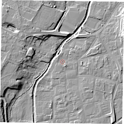 Shaded relief map of the ground around DN226AJ, computed from Environment Agency LiDAR. The ground here sits at about 15 m above sea level and falls 9 m across the surrounding 800 m. Surface water reaching this point runs off ground lying to the south-east, 2.0 m higher.