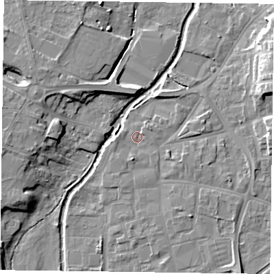 Shaded relief map of the ground around DN226AL, computed from Environment Agency LiDAR. The ground here sits at about 14 m above sea level and falls 12 m across the surrounding 800 m. Surface water reaching this point runs off ground lying to the south, 2.0 m higher.