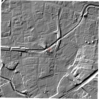 Shaded relief map of the ground around DN226AR, computed from Environment Agency LiDAR. The ground here sits at about 16 m above sea level and falls 12 m across the surrounding 800 m. Surface water reaching this point runs off ground lying to the north-east, 4.0 m higher.