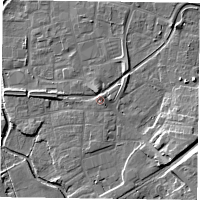 Shaded relief map of the ground around DN226AS, computed from Environment Agency LiDAR. The ground here sits at about 17 m above sea level and falls 12 m across the surrounding 800 m. Surface water reaching this point runs off ground lying to the north-east, 4.0 m higher.