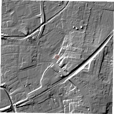 Shaded relief map of the ground around DN226AT, computed from Environment Agency LiDAR. The ground here sits at about 17 m above sea level and falls 12 m across the surrounding 800 m. Surface water reaching this point runs off ground lying to the east-south-east, 7.6 m higher.