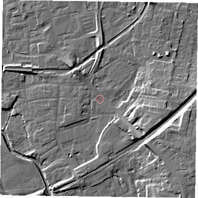 Shaded relief map of the ground around DN226AY, computed from Environment Agency LiDAR. The ground here sits at about 16 m above sea level and falls 12 m across the surrounding 800 m. Surface water reaching this point runs off ground lying to the east-south-east, 8.5 m higher.