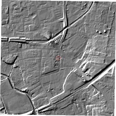 Shaded relief map of the ground around DN226BA, computed from Environment Agency LiDAR. The ground here sits at about 16 m above sea level and falls 12 m across the surrounding 800 m. Surface water reaching this point runs off ground lying to the east-south-east, 8.5 m higher.
