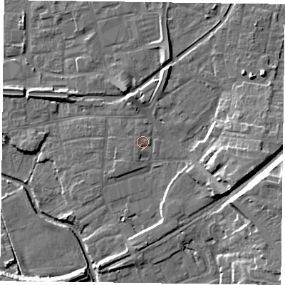Shaded relief map of the ground around DN226BD, computed from Environment Agency LiDAR. The ground here sits at about 16 m above sea level and falls 12 m across the surrounding 800 m. Surface water reaching this point runs off ground lying to the south-west, 1.6 m higher.