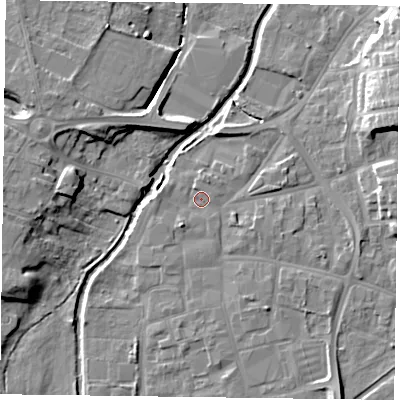 Shaded relief map of the ground around DN226BH, computed from Environment Agency LiDAR. The ground here sits at about 14 m above sea level and falls 12 m across the surrounding 800 m. Surface water reaching this point runs off ground lying to the south-west, 2.0 m higher.
