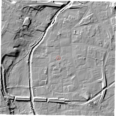 Shaded relief map of the ground around DN226BL, computed from Environment Agency LiDAR. The ground here sits at about 15 m above sea level and falls 9 m across the surrounding 800 m. Surface water reaching this point runs off ground lying to the east-south-east, 1.0 m higher.