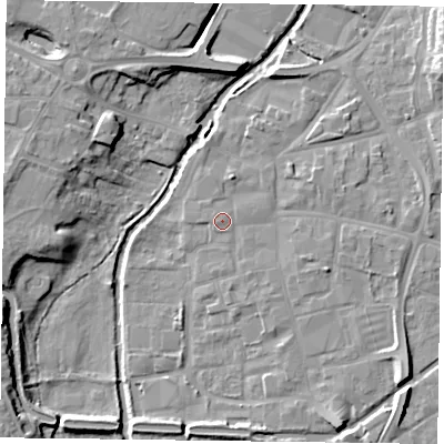 Shaded relief map of the ground around DN226BN, computed from Environment Agency LiDAR. The ground here sits at about 15 m above sea level and falls 9 m across the surrounding 800 m. Surface water reaching this point runs off ground lying to the south-south-east, 0.8 m higher.