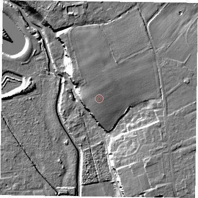 Shaded relief map of the ground around DN226BQ, computed from Environment Agency LiDAR. The ground here sits at about 21 m above sea level and falls 15 m across the surrounding 800 m. Surface water reaching this point runs off ground lying to the north-north-east, 1.7 m higher.