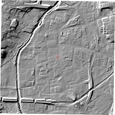Shaded relief map of the ground around DN226BU, computed from Environment Agency LiDAR. The ground here sits at about 15 m above sea level and falls 13 m across the surrounding 800 m. Surface water reaching this point runs off ground lying to the south-east, 1.1 m higher.