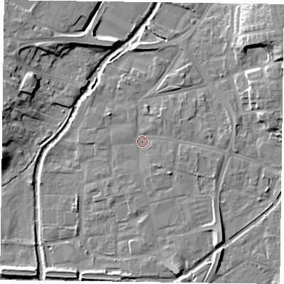 Shaded relief map of the ground around DN226BY, computed from Environment Agency LiDAR. The ground here sits at about 15 m above sea level and falls 13 m across the surrounding 800 m. Surface water reaching this point runs off ground lying to the south-east, 4.3 m higher.
