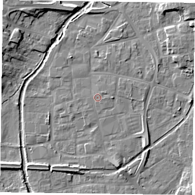 Shaded relief map of the ground around DN226BZ, computed from Environment Agency LiDAR. The ground here sits at about 16 m above sea level and falls 13 m across the surrounding 800 m. Surface water reaching this point runs off ground lying to the south-south-east, 0.8 m higher.