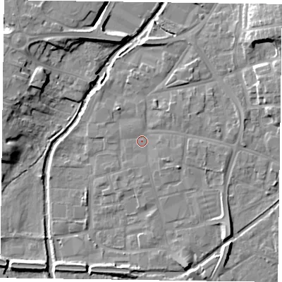 Shaded relief map of the ground around DN226DB, computed from Environment Agency LiDAR. The ground here sits at about 15 m above sea level and falls 13 m across the surrounding 800 m. Surface water reaching this point runs off ground lying to the south-south-east, 1.5 m higher.