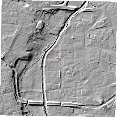 Shaded relief map of the ground around DN226DF, computed from Environment Agency LiDAR. The ground here sits at about 14 m above sea level and falls 10 m across the surrounding 800 m. Surface water reaching this point runs off ground lying to the north-east, 2.2 m higher.
