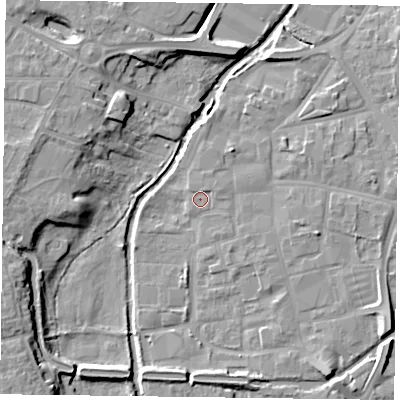 Shaded relief map of the ground around DN226DG, computed from Environment Agency LiDAR. The ground here sits at about 15 m above sea level and falls 10 m across the surrounding 800 m. Surface water reaching this point runs off ground lying to the north-east, 0.8 m higher.