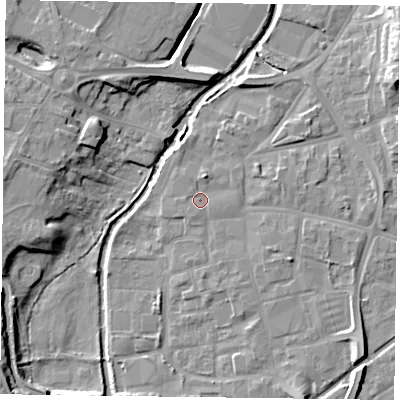 Shaded relief map of the ground around DN226DL, computed from Environment Agency LiDAR. The ground here sits at about 15 m above sea level and falls 10 m across the surrounding 800 m. Surface water reaching this point runs off ground lying to the north, 1.0 m higher.