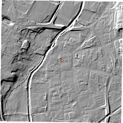 Shaded relief map of the ground around DN226DQ, computed from Environment Agency LiDAR. The ground here sits at about 15 m above sea level and falls 11 m across the surrounding 800 m. Surface water reaching this point runs off ground lying to the north-north-west, 1.5 m higher.