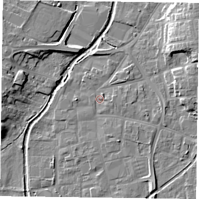 Shaded relief map of the ground around DN226DR, computed from Environment Agency LiDAR. The ground here sits at about 14 m above sea level and falls 14 m across the surrounding 800 m. Surface water reaching this point runs off ground lying to the south-south-east, 4.5 m higher.