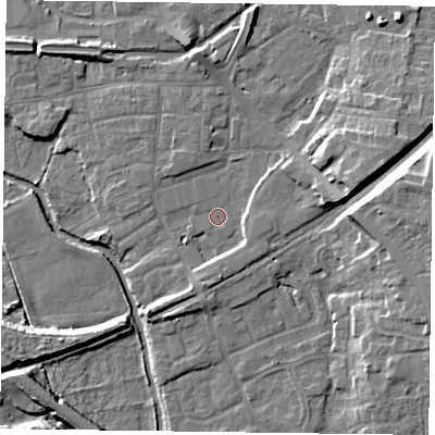 Shaded relief map of the ground around DN226DS, computed from Environment Agency LiDAR. The ground here sits at about 15 m above sea level and falls 12 m across the surrounding 800 m. Surface water reaching this point runs off ground lying to the east, 6.4 m higher.