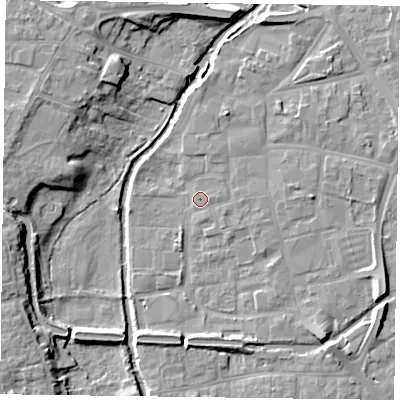 Shaded relief map of the ground around DN226DT, computed from Environment Agency LiDAR. The ground here sits at about 15 m above sea level and falls 9 m across the surrounding 800 m. Surface water reaching this point runs off ground lying to the east-south-east, 1.6 m higher.