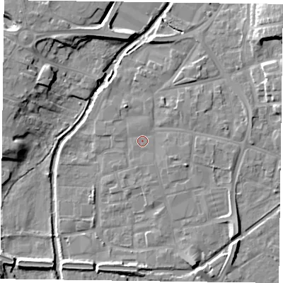 Shaded relief map of the ground around DN226DU, computed from Environment Agency LiDAR. The ground here sits at about 15 m above sea level and falls 12 m across the surrounding 800 m. Surface water reaching this point runs off ground lying to the south-east, 1.5 m higher.